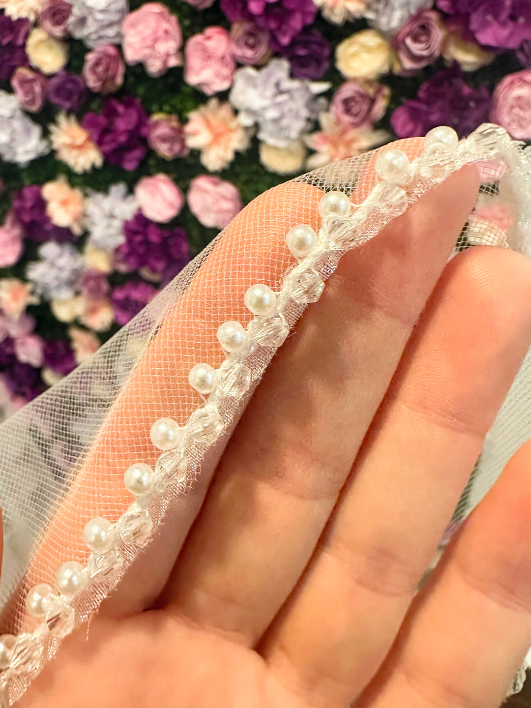 Glass Bead and Pearl Trim Veil: Cascade/Angel Cut – Blanca Veils display picture 2