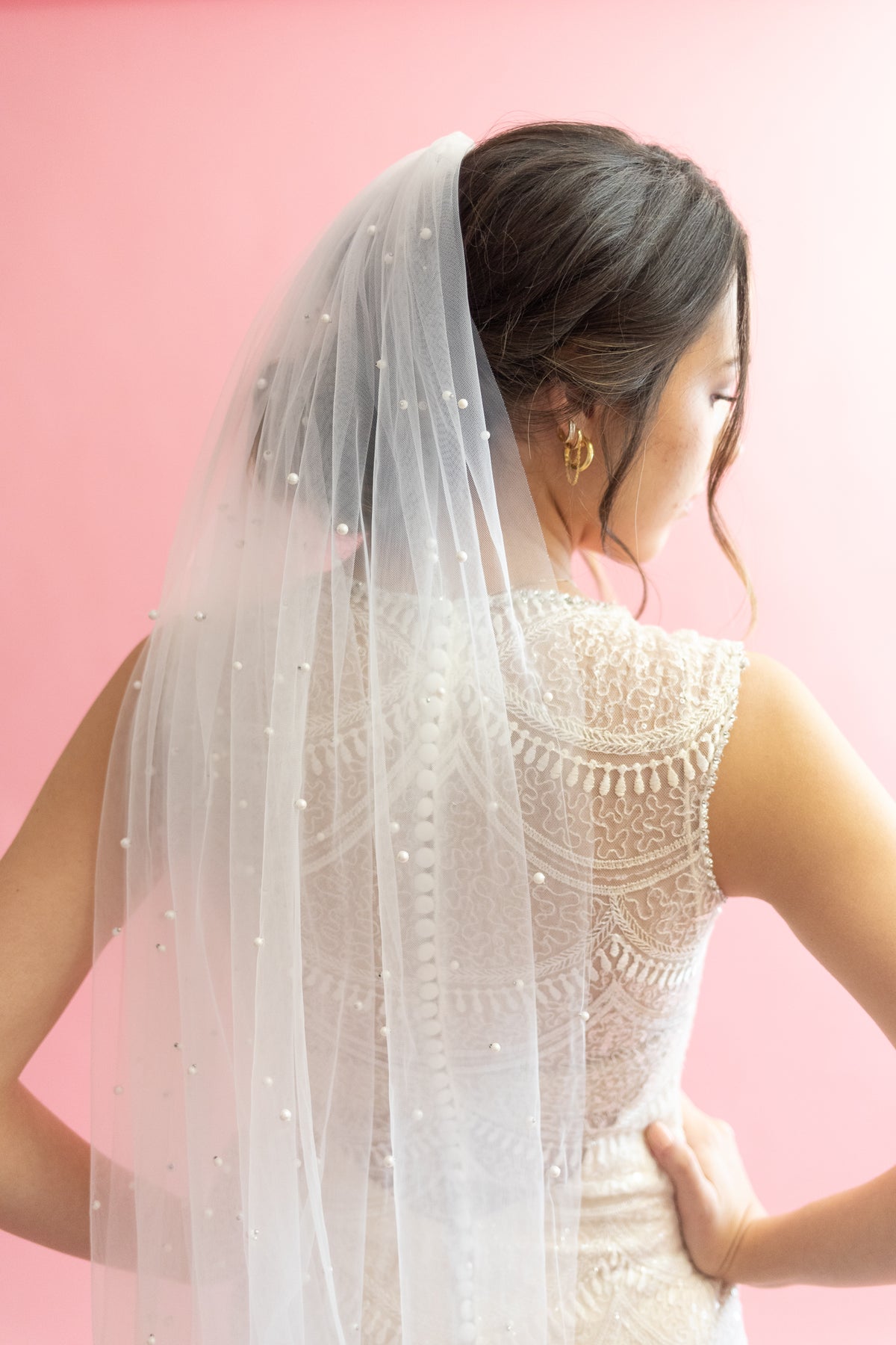 Pearl Bridal Veil, Waltz Lenght One Tier Wedding Veil with Pearls